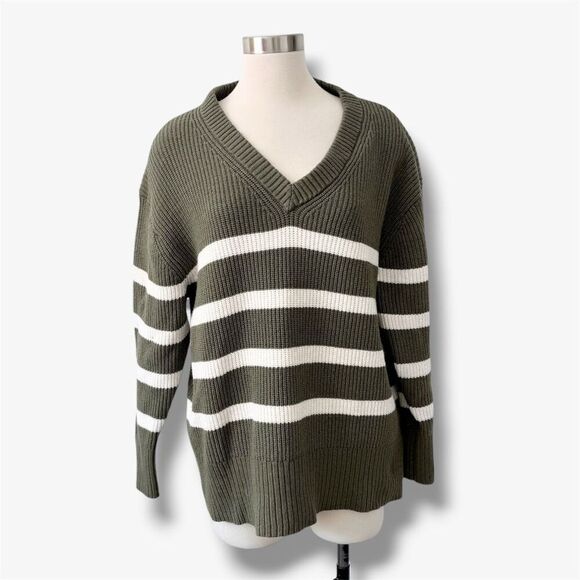 Ava & Viv Sweaters - Ava & Viv Olive Green and White Striped V-Neck Sweater XXL